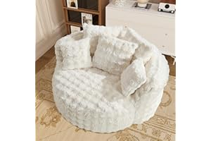 ONEMMLION 58" W Oversized Round Chaise Lounge Chair Indoor Boneless Faux Fur Plush Fluffy Circle Couch Soft Comfy Cozy Cloud Reading Chair with 5 Pillows for Living Room, Playroom, Bedroom - Beige