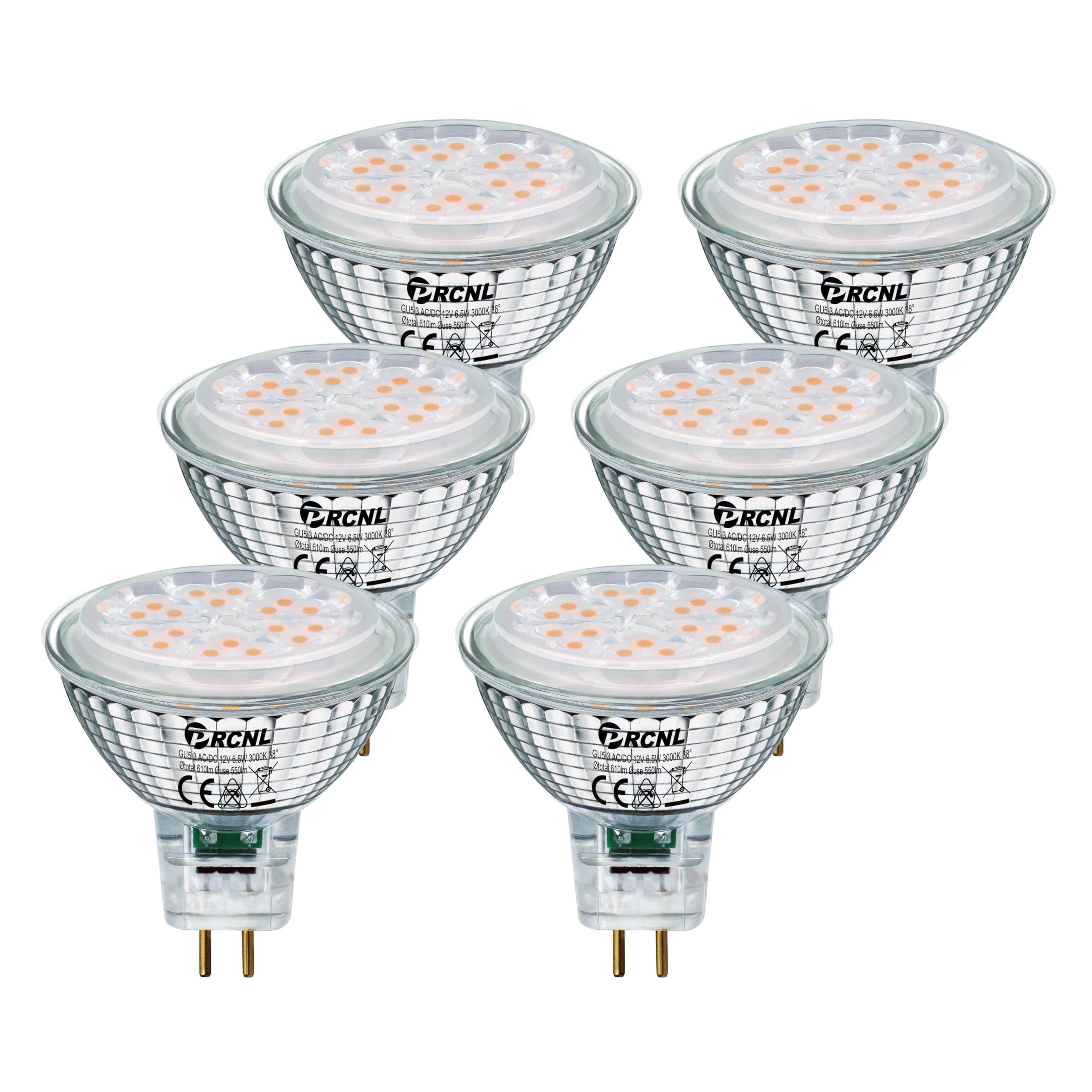 PRCNL GU5.3 LED Bulbs 6.5W Warm White 3000K, 50W Halogen Lamp Equivalent, AC/DC 12V, 610 Lumen, Non Dimmable No Flicker MR16 Spotlight, 38° Beam Angle Energy Efficient Reflectorlamp, Pack of 6