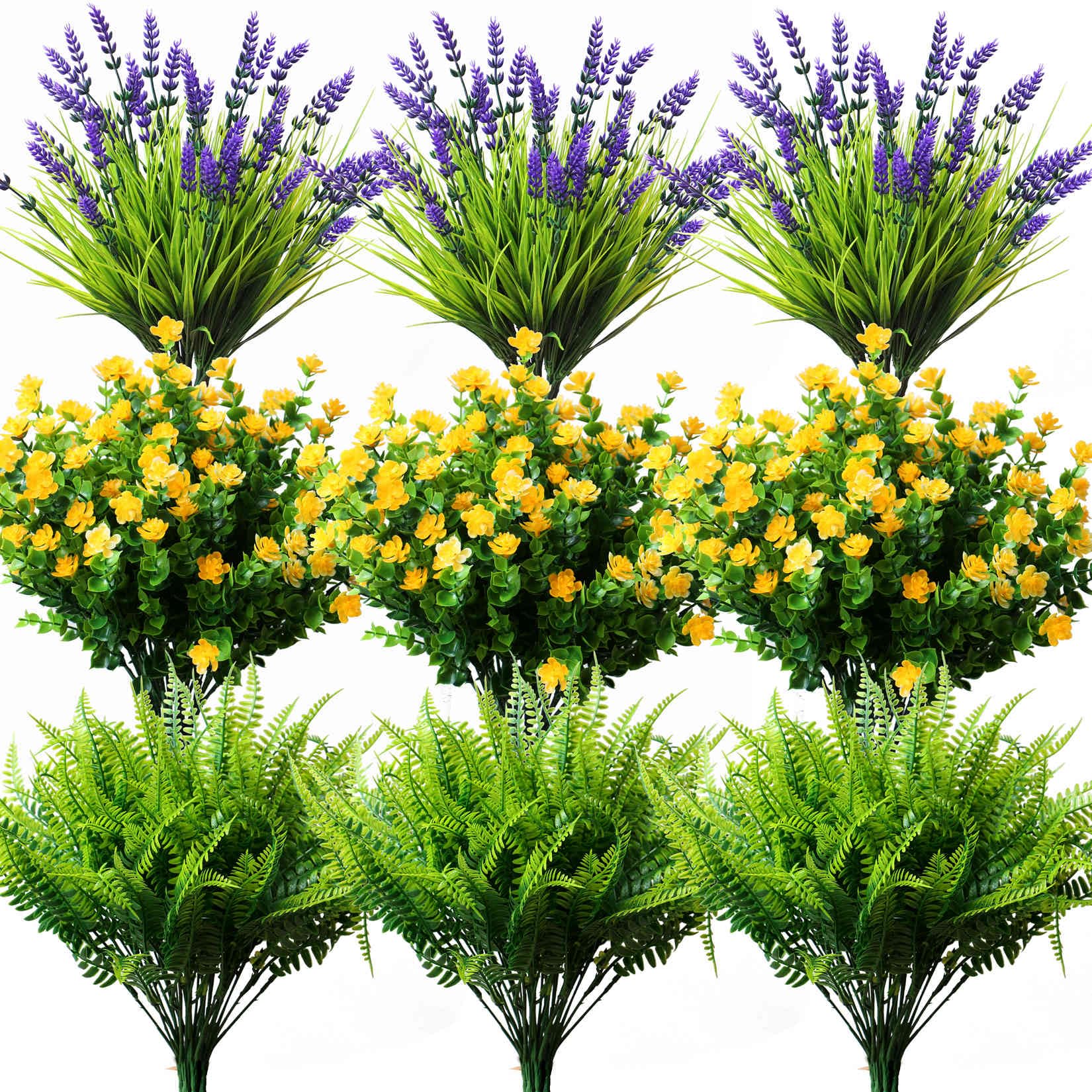 YXYQR 18PCS Spring Artificial Flowers Plants Outdoor UV Resistant Bedding Fake Monkey Grass Mums Outside Faux Plastic Fern Greenery Arrangement for Front Porch Window Box Planter Hanging Basket Garden
