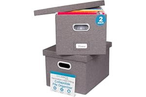 Internet's Best Collapsible File Storage Organizer with Lid - Decorative Linen Filing & Storage Office Box – Hanging Letter/Legal Folder – Home Office Bins Cabinet – Grey Container - 2 Pack