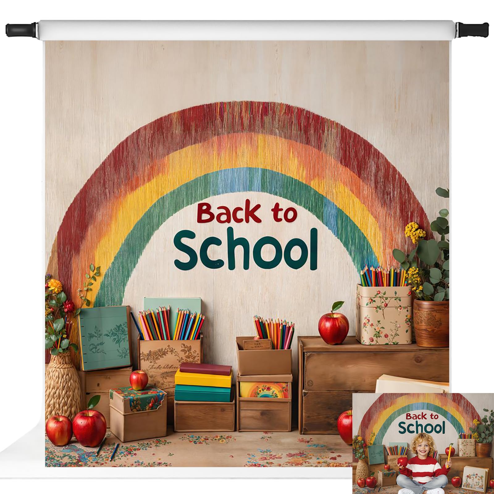 Photo 1 of Welcome Back to School Backdrop Kate Rainbow Backdrops for Photography Apples Boho Background, 8x8ft