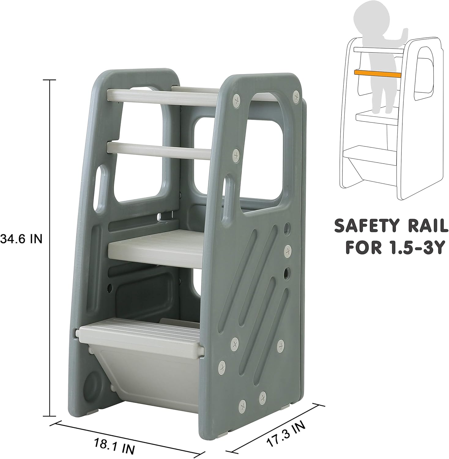 SDADI Childrens Step Stool with Three Adjustable Heights, Grey: Furniture & Decor