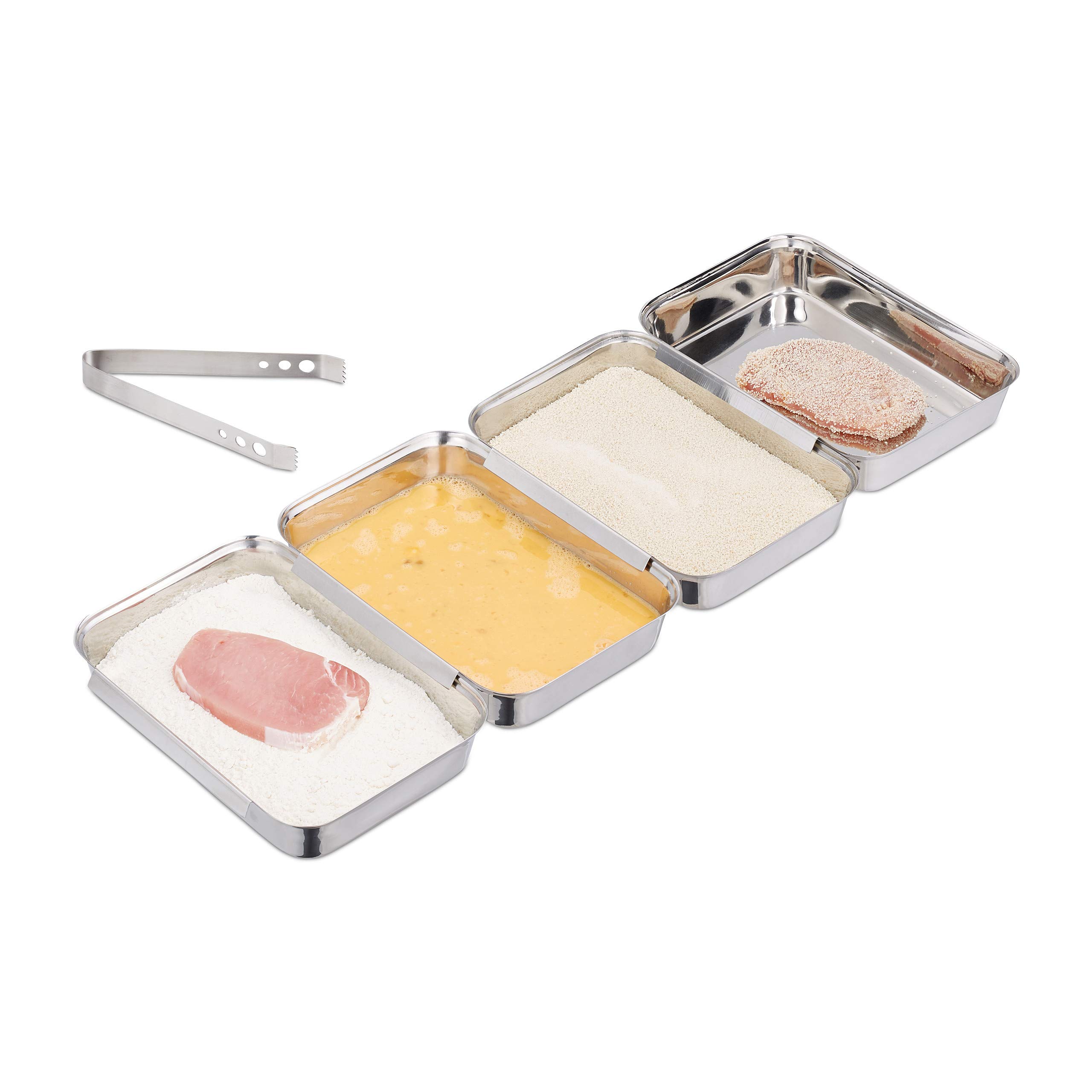 Relaxdays Breading Trays Stainless Steel, Fish Batter Station, Pans with Tongs, Stackable, Dishwasher-Safe, Silver