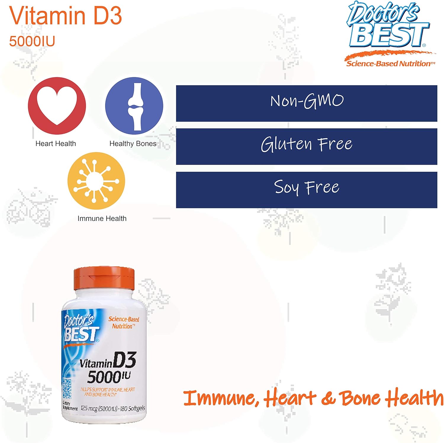 Doctor's Best Vitamin D3 5000IU, Non-GMO, Gluten Free, Soy Free, Regulates Immune Function, Supports Healthy Bones, 180 Count (Pack of 1): Health & Personal Care