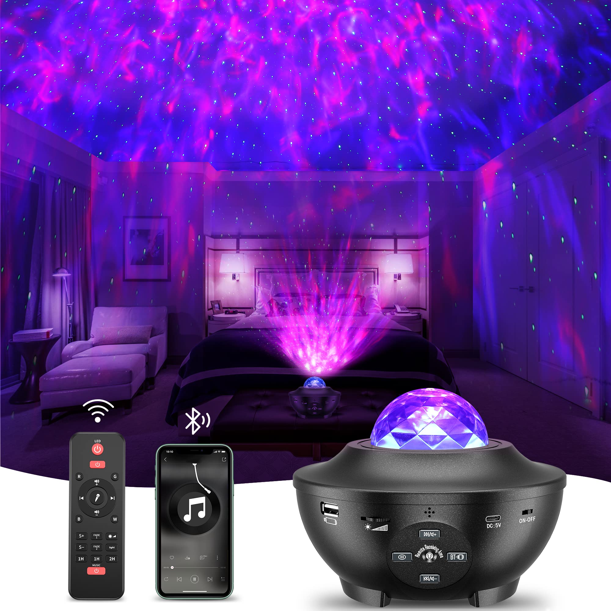Star Projector, Galaxy Projector, Ocean Wave LED Night Light 10 Color Rotating Night Lights with Music Bluetooth Speaker USB Timer, Suitable for Children and Adults