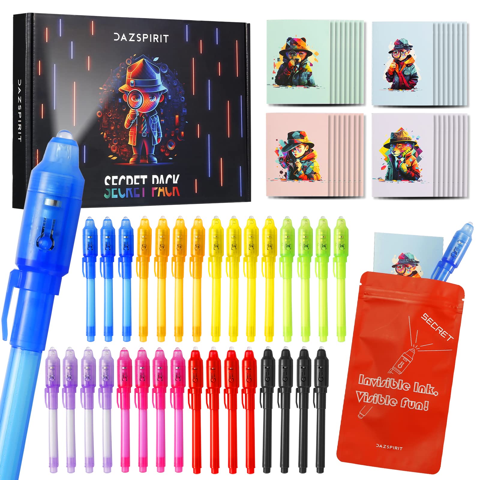 DazSpirit 32 Pieces Invisible Ink Pens and Notebooks Set - Detective Theme, UV Light Spy Pens Party Bag Fillers for Boys and Girls, Magic Secret Message for Detective Parties, Treasure Hunt