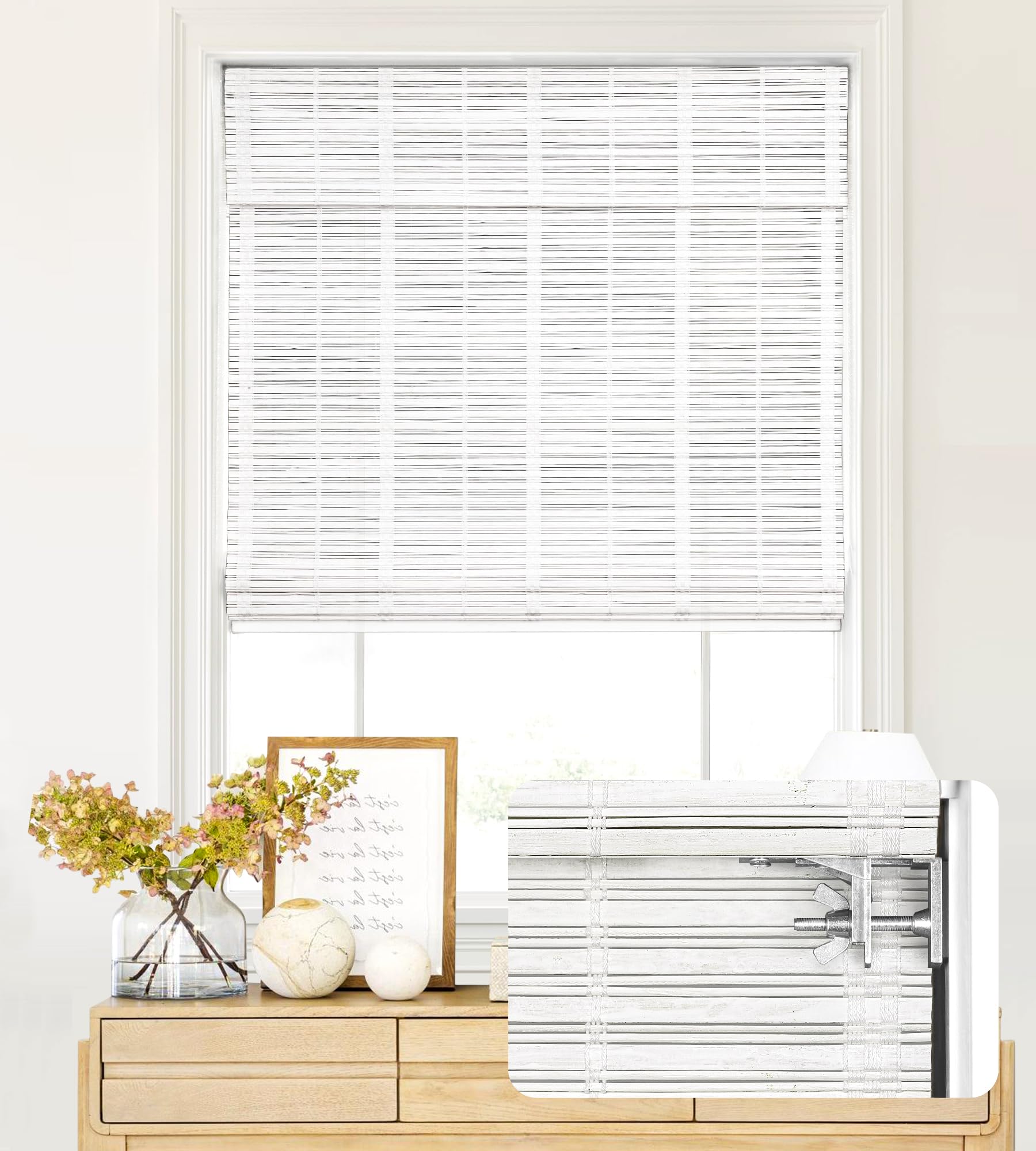 LazBlinds No Tools No Drill Cordless Bamboo Roman Shades, Light Filtering Window Treatment, Roll Up Bamboo Blinds for Windows 38'' W x 64'' H, Whitewash T Image