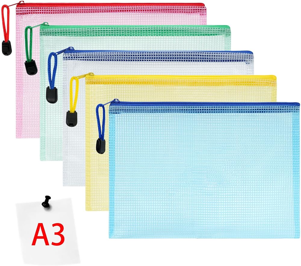 Vicloon A3 Zip Lock Mesh Document Wallets 5Pcs Multicolor PVC File Bags