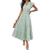 Caracilia Womens Summer Maxi Dresses Casual V Neck Cap Sleeve Gingham Striped Dress Flowy Tiered Beach Vacation Midi Sundress