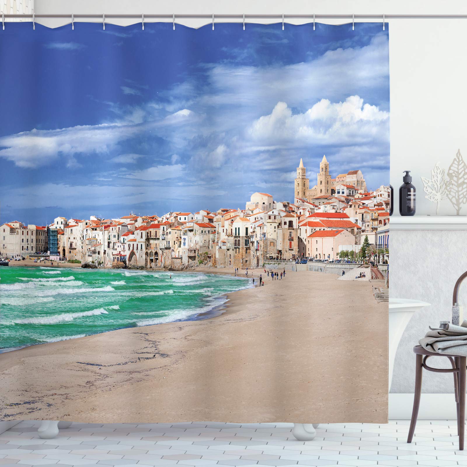 ABAKUHAUS Sicily Shower Curtain, Dreamy Photo of Beach at Cefalu Italy Sea Sky and Buildings in Vibrant Colors, Cloth Fabric Bathroom Decor Set with Hooks, 86 Inches Extra Long, Multicolor