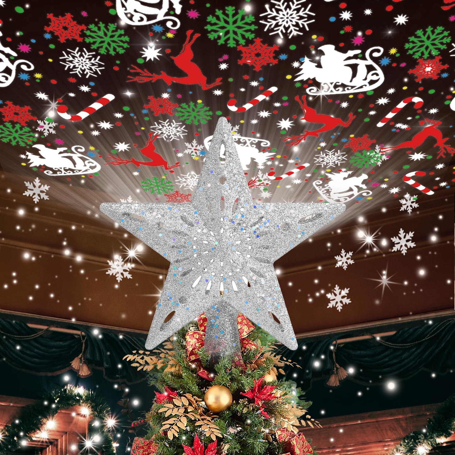 Tree Toppers - Christmas Tree Topper Lighted with 6 Projected Patterns, Christmas Star Tree Topper Built-in LED Rotating Lights, 3D Glitter Projector for Party Holiday Xmas Decorations Gifts (Silver)