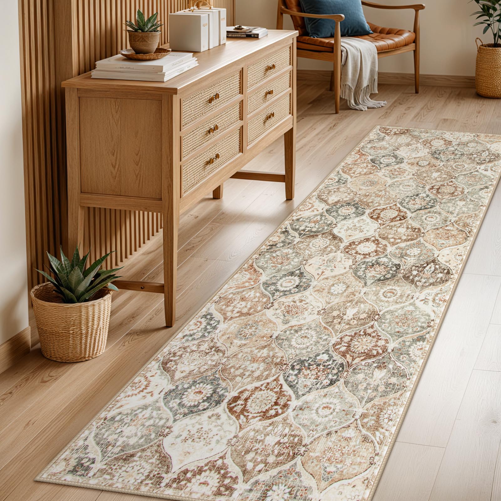 Photo 1 of Lahome Moroccan Hallway Rug, 2'5''x8' Kitchen Runner Rugs Non Skid Washable Runners for Hallways, Ultra-Thin Oriental Carpet for Entryway Laundry Room Bedroom Bathroom Elise, Khaki