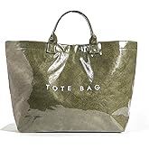 Lushandy Striped PVC Tote Bag for Women, Checkered Plastic Tote Bag for Beach Pool Large Plaid Letters Print Hobo Handbag