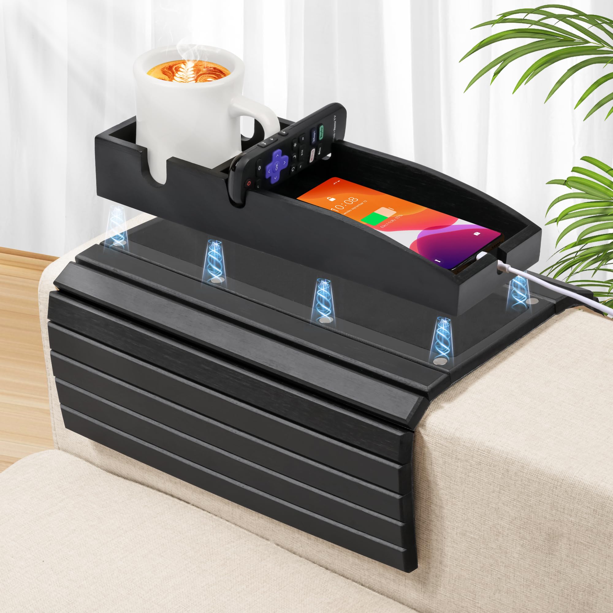 Photo 1 of Joy&Grace Couch Cup Holder, 3-in-1 Magnetic Detachable Couch Arm Tray, Bamboo Sofa Armrest Table with Anti-Slip Pad, Sofa Armrest Tray Table (Black)