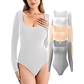 JELYSPET Bodysuits for Women Long Sleeve 3 Pack, Body Suit with Square Neck, Womens Bodysuit Sexy Basic Tops