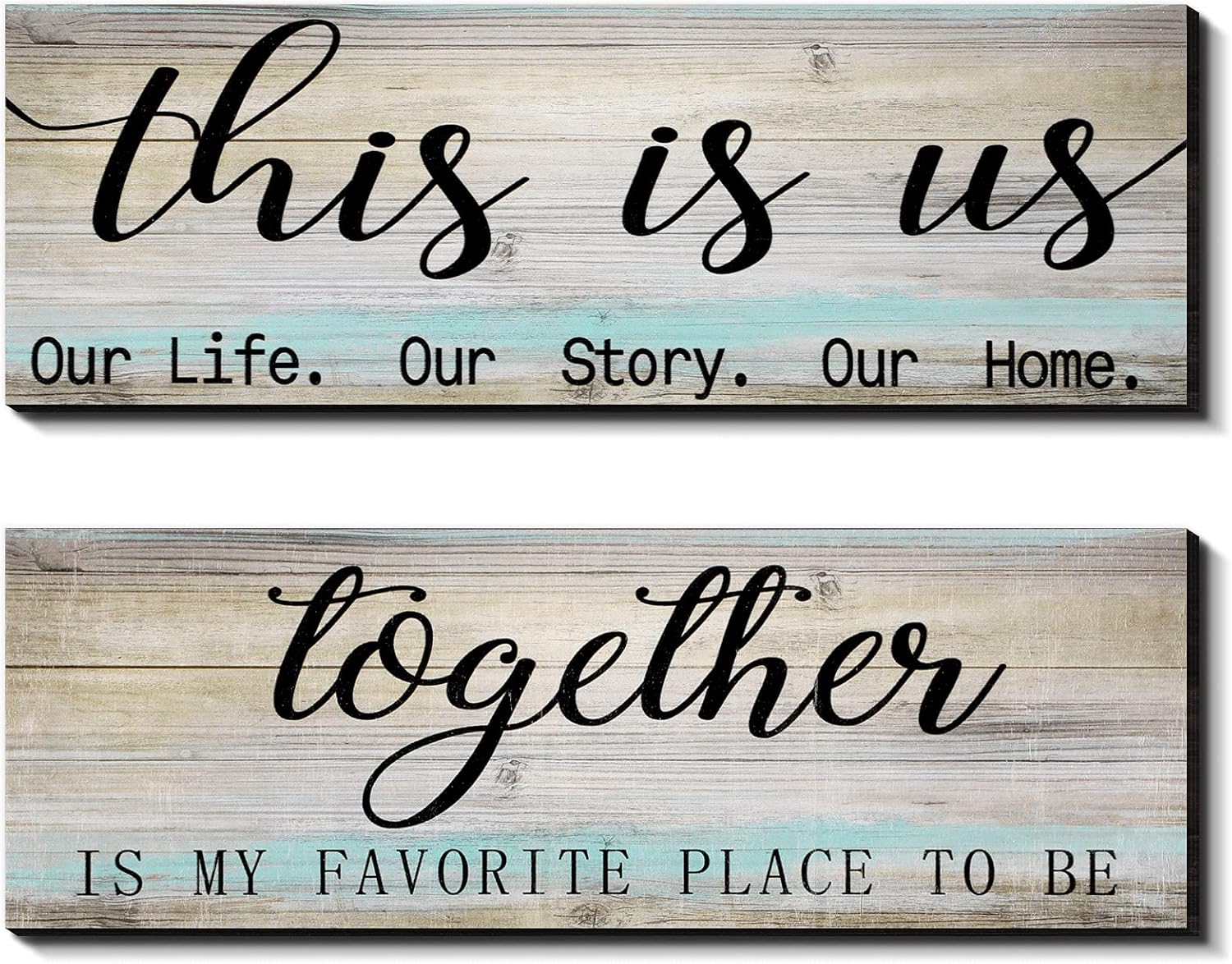 2 Pieces This is Us Our Life Our Story Rustic Print Wood Signs Together Rustic Wooden Wall Art Signs Farmhouse Entryway Signs for Bedroom Living Room Office Decor, 4.7 x 13.8 Inch (Rustic Blue)