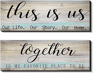 2 Pieces This is Us Our Life Our Story Rustic Print Wood Signs Together Rustic Wooden Wall Art Signs Farmhouse Entryway Signs for Bedroom Living Room Office Decor, 4.7 x 13.8 Inch (Rustic Blue)