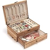 Pinzoveco Jewelry Box for Women, Rustic Wooden Jewelry Organizer Box for Storage Earrings Rings Necklace Bracelet, Farmhouse Style Wood Jewelry Boxes & Organizers (Torched Wood Color)