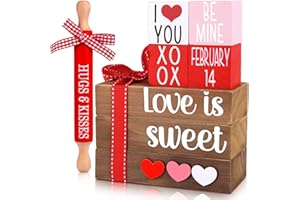 DERTE Valentine's Day Tiered Tray Decorations 3 Faux Books with Ribbon 1 Rolling Pin 4 Valentine Heart Sign Blocks Farmhouse Handmade Decor for Home Tray Table Bookshelf Mantel Wedding Anniversary
