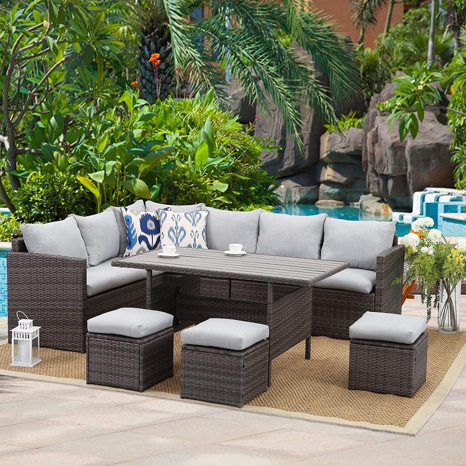 Photo 1 of ***** RIPPED ON CHAIRS***Wisteria Lane Outdoor Patio Furniture Set, 7 Piece Outdoor Dining Sectional Sofa with Dining Table and Chair, All Weather Wicker Conversation Set with Ottoman, Light Grey Cushion