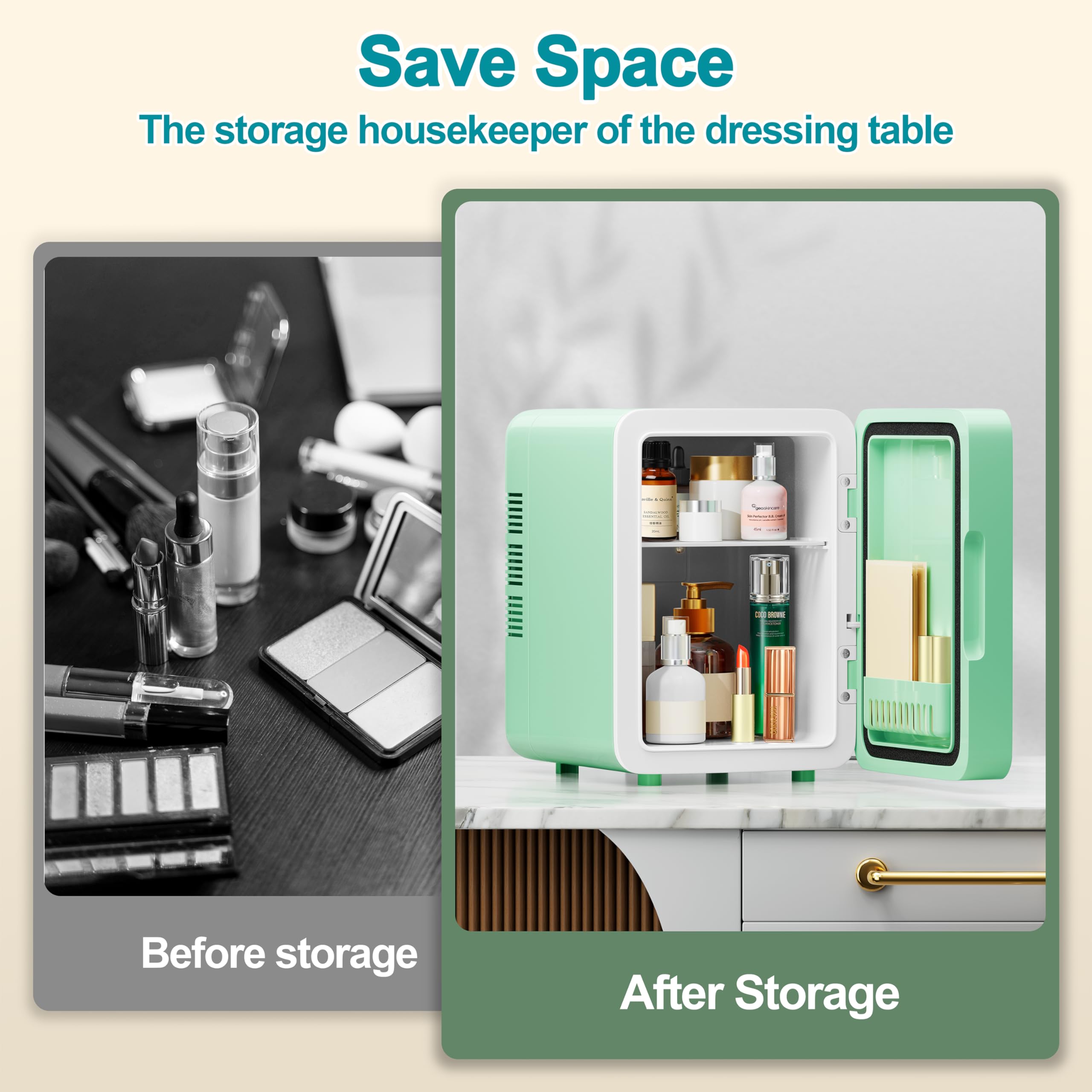 Arcmira Mini Skincare Fridge With Dimmable LED Light Mirror, 4L Makeup Fridge Cooler and Warmer for Bedroom, Car, Office, Portable Small Refrigerator AC/DC Powered for Cosmetics and Food, Green