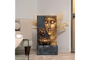 XBrand 30" H Zen Buddha Face Water Fountain w/LED Light & Pump, Indoor/Outdoor Freestanding, Relaxing Zen Décor, Bronze and Natural Grey Polyresin Fountain for Home Patio Garden Backyard