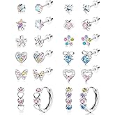 LOYALLOOK Hypoallergenic Surgical Steel Earrings for Women - 12Pairs Screw Back Earrings for Sensitive Ears Cute Stud Earrings Dainty Flower Bow Flat Back Stud Hoop Earring Set