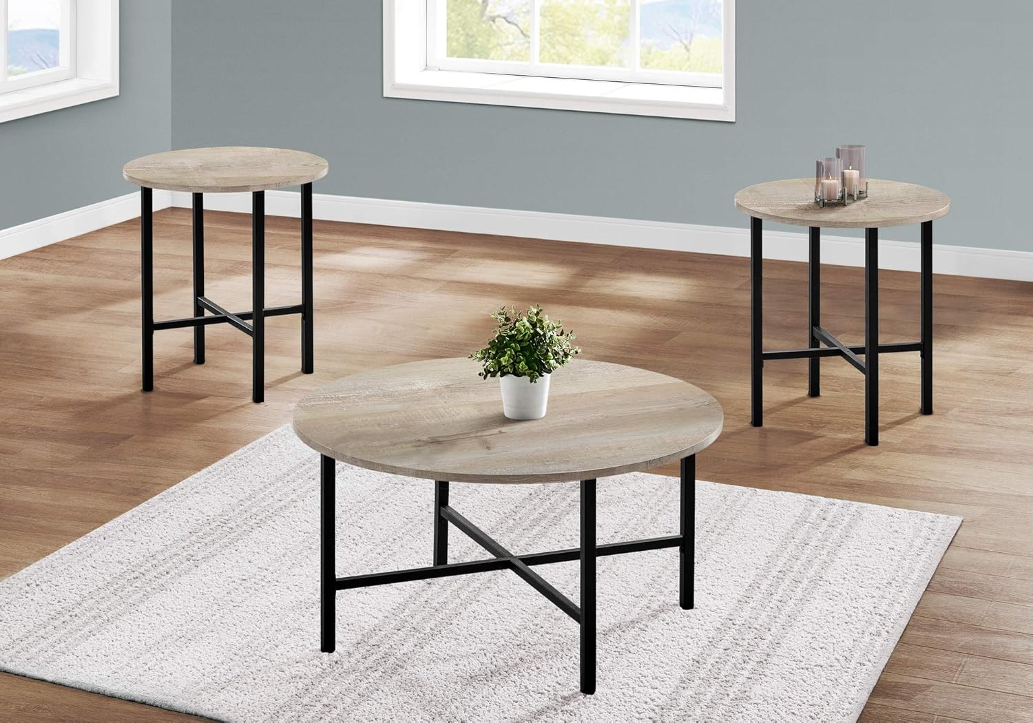 Monarch Specialties Coffee Set of 3 for Living Room Round Metal Legs Includes Cocktail 2 End Ocassional Table Set, Taupe: Furniture & Decor