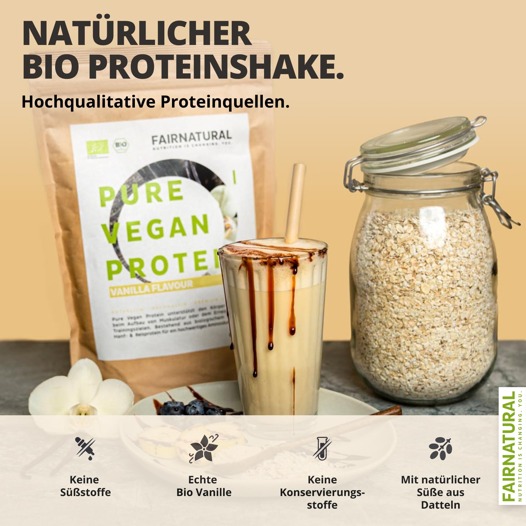FAIRNATURAL Bio Veganes Proteinpulver Vanille ohne Soja [600G] 5K Protein Pulver Laktosefrei - Vegan Protein Powder - Pflanzliches Proteinpulver - Regional aus DE - Proteinshake Vegan - Eiweißpulver 2