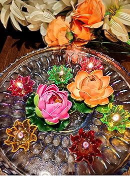 QUVYARTS Floating Rose Flower with 12 Floating Diya Candles Rose Flower for Diwali Lightings Home Decoration/Random Color, (2 Rose Flower)