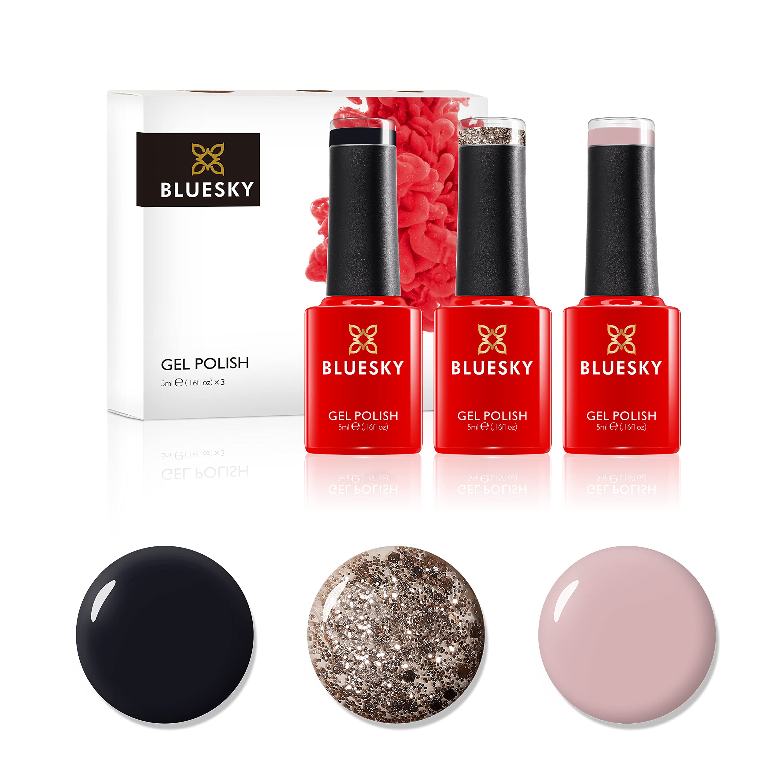 Bluesky Gel Nail Polish Set, Glitter Leopard, Blindfold Qxg312, Gold KS1049, Jet Black A021, 3 x 5 ml Nude, Pastel, Pink, Glitter (Requires Curing Under UV or LED Lamp) — image 1