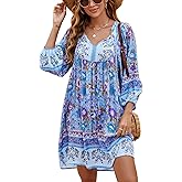 Bluetime Women Casual Summer Dress Boho V Neck 3/4 Sleeve Babydoll Floral Print Flowy Beach Dress