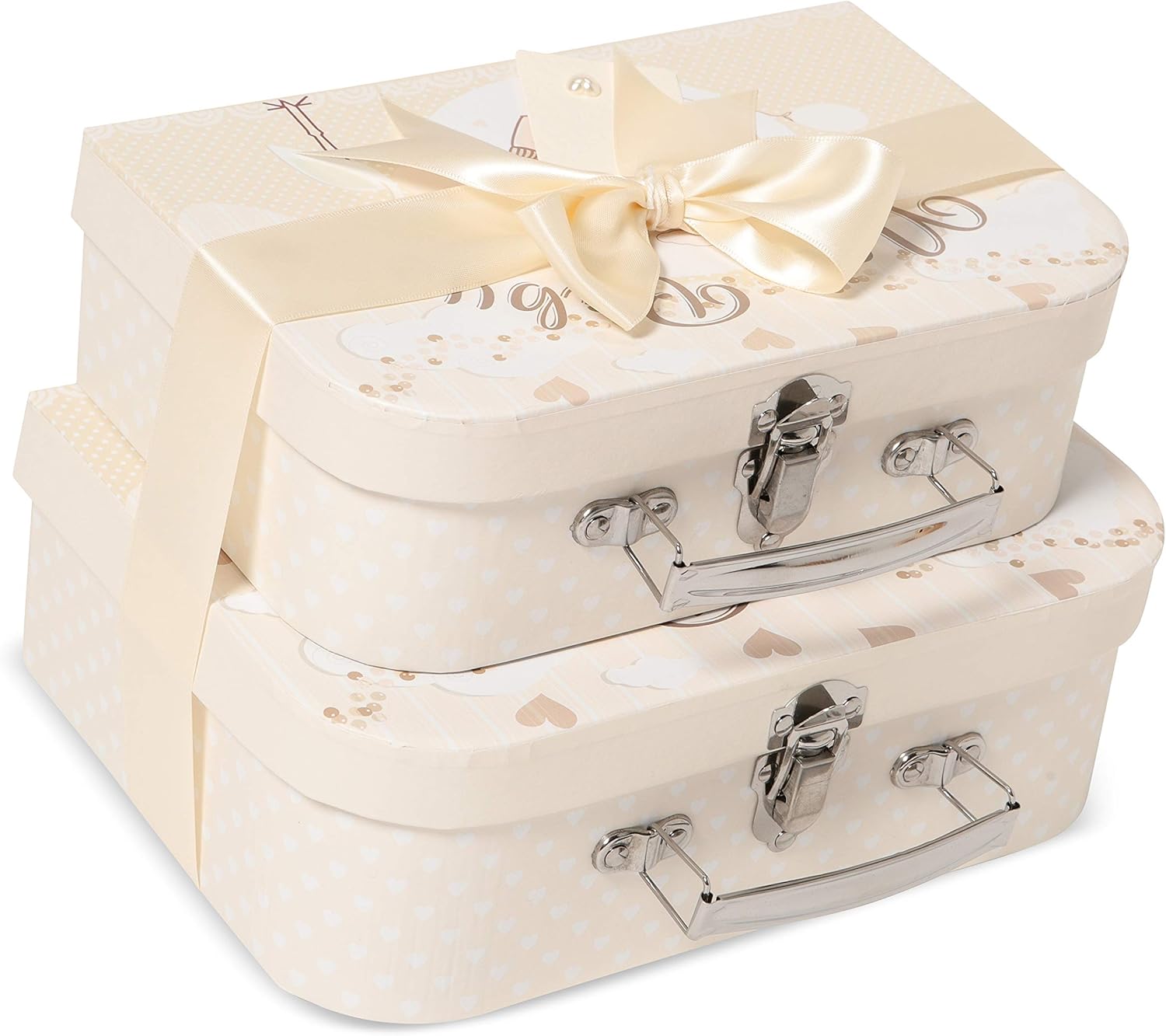 Keepsake New Baby Gift Boxes 2 Cream Cases with Satin Ribbon and