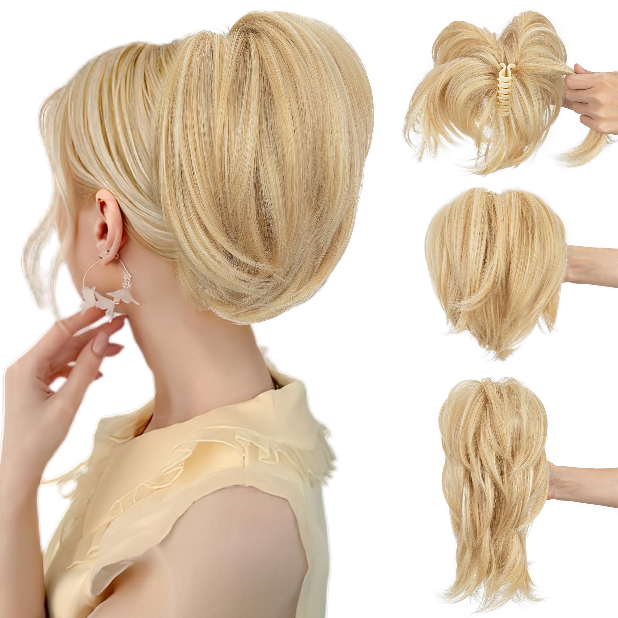 SEGO Claw Clip Ponytail Hair Extensions Bendable Metals Messy Bun Hair piece Straight Hairpieces Claw on Ponytail, Honey Blonde & Bleach Blonde