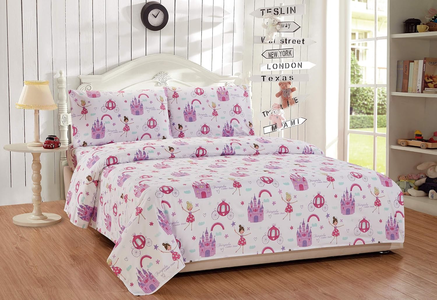 Linen Plus Full Size 4pc Sheet Set for Girls/Teens Fairy Tales Castle Princess Carriage Pink Lavender White New