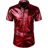 ZEROYAA Men 70s Shiny Short Sleeve Button Down Shirt Fashion Sparkle Disco Dress Shirts