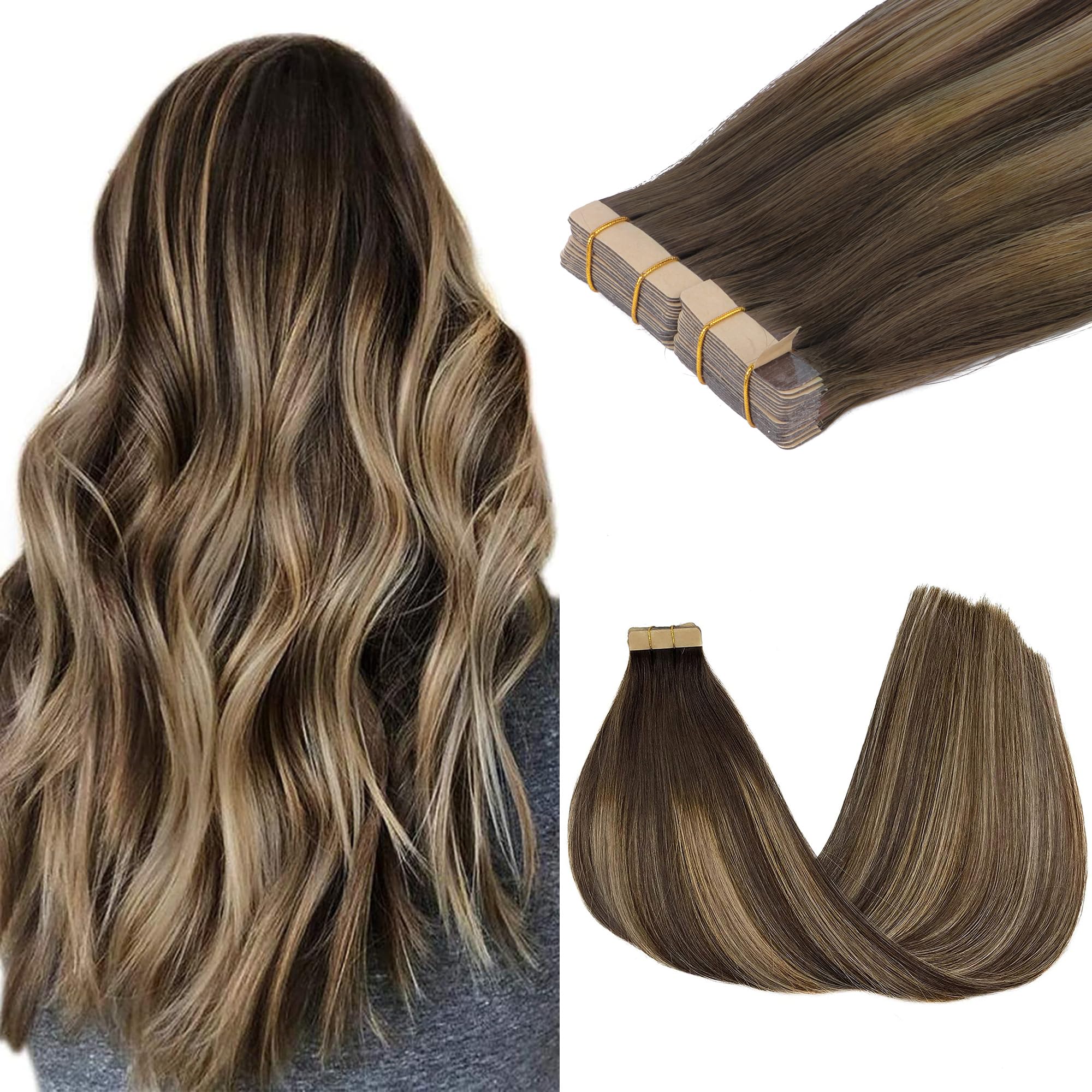 GOO GOO Tape in Hair Extensions human hair, tape Hair Extensions, 18inch 100g 40pcs, Human Hair Extensions, 4/26/4 Chocolate Brown to Honey Blonde — image 1