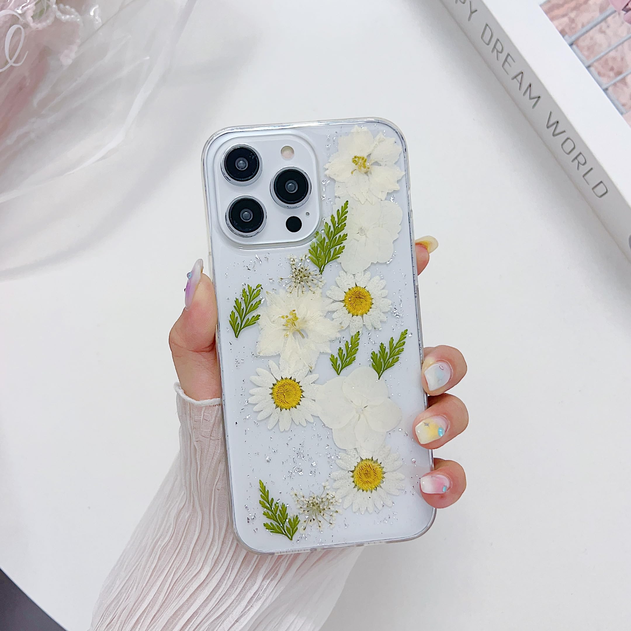 EYZUTAK Case for iPhone 14 Pro, Clear Handmade Real Dried Daisy Flower Leaf Embedded Pressed Floral Flexible Soft Rubber Gel TPU Protective Bumper Back Cover for Girls Women - White