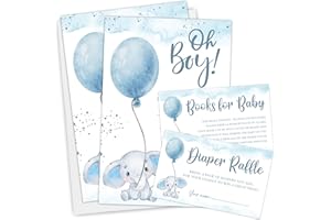 AKTFV Baby Shower Invitation Set - Oh Boy - Blue Watercolor Elephant Double-Sided Fill In Style Invites With Diaper Raffle & Book Request Cards - Baby Gender Reveal, Announcement Party Decors - A08