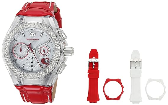 Technomarine TM-117001 Womens Red Valentine Watch Crystal Accented Bezel Chrono Heart-Shaped Date Window