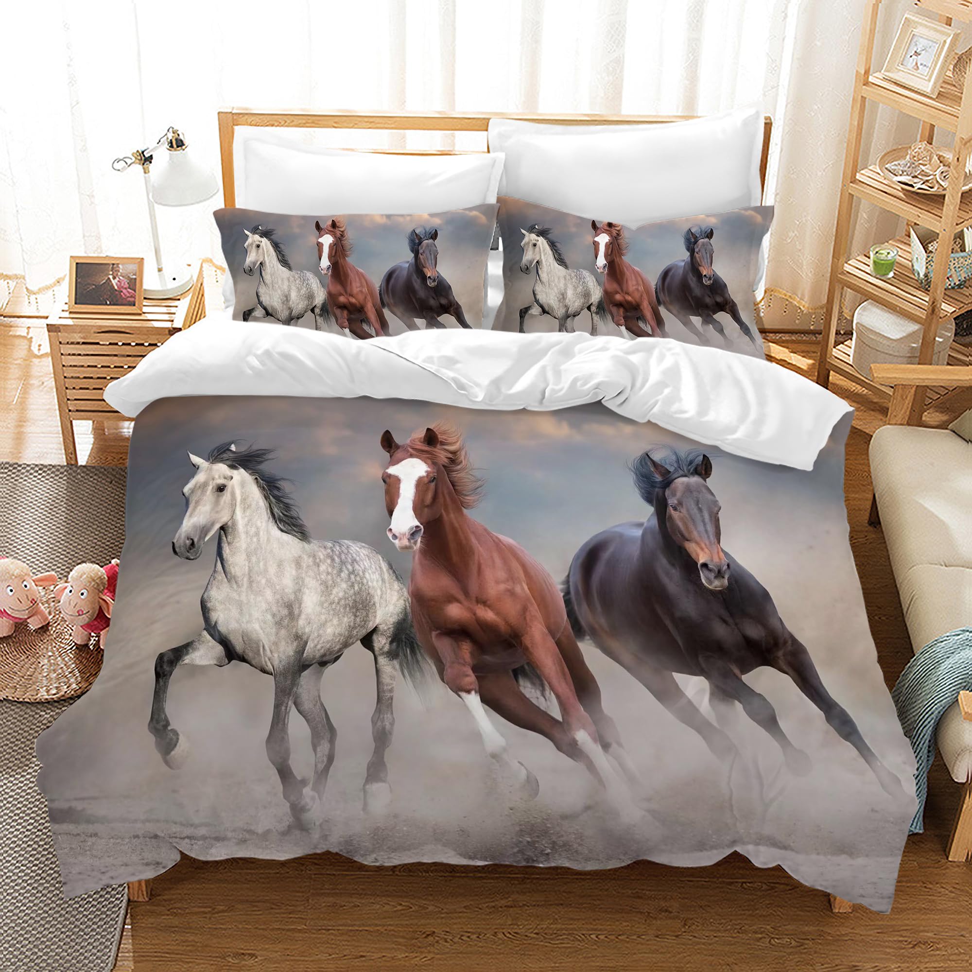 UGZDEA Horse Bed Linen Set 200x200cm- White Bed Linen 3-Piece Set Bed Linen for Adults Bedroom Decor (Double（200x200cm）, B)