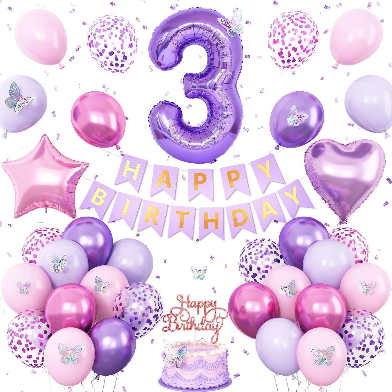 3rd Birthday Decoration for Girls,Pink Purple 3rd Birthday Balloon Number 3 Balloon with Butterfly Stickers Star Heart Foil Balloons Banner Princess Party Decoration for 3 Year Old Party