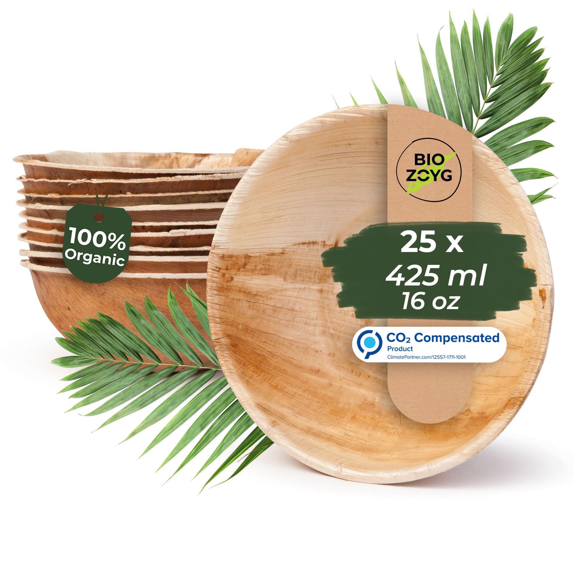 BIOZOYG 25x Palm Leaf Bowl 425 ml Round - Disposable Soup Plate, Compostable Salad Bowl Palm Leaf Bowl - Disposable Bowl Sustainable Partyware