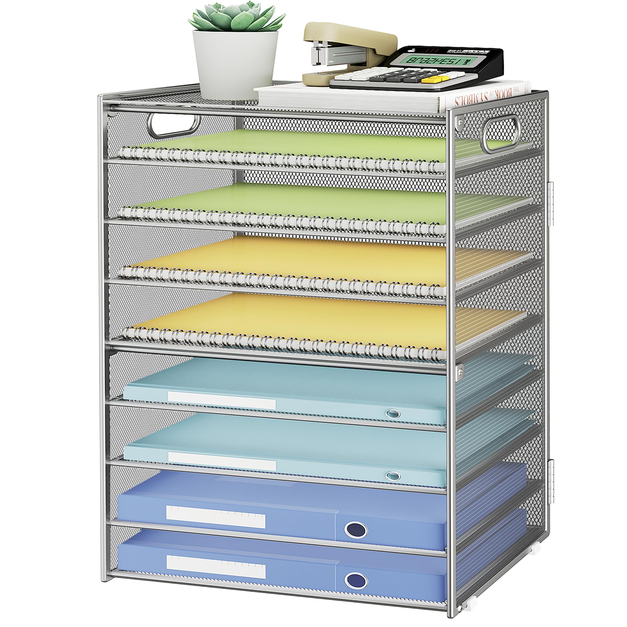 Photo 1 of SUBEKYU 9 Tier Paper Organizer for Desk - Metal Mesh Letter Tray File Paper Sorter Organizer Include 6 Pcs Adjustable Height Slid Tray with Handles for Office School Home Organization Storage, Silver