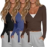 Oakgarden 3 Pack Women's Tie Wrap Tops, Long Sleeve Workout Ballet Yoga Pilates Shirts Deep V Neck Tie Front Y2k Blouses