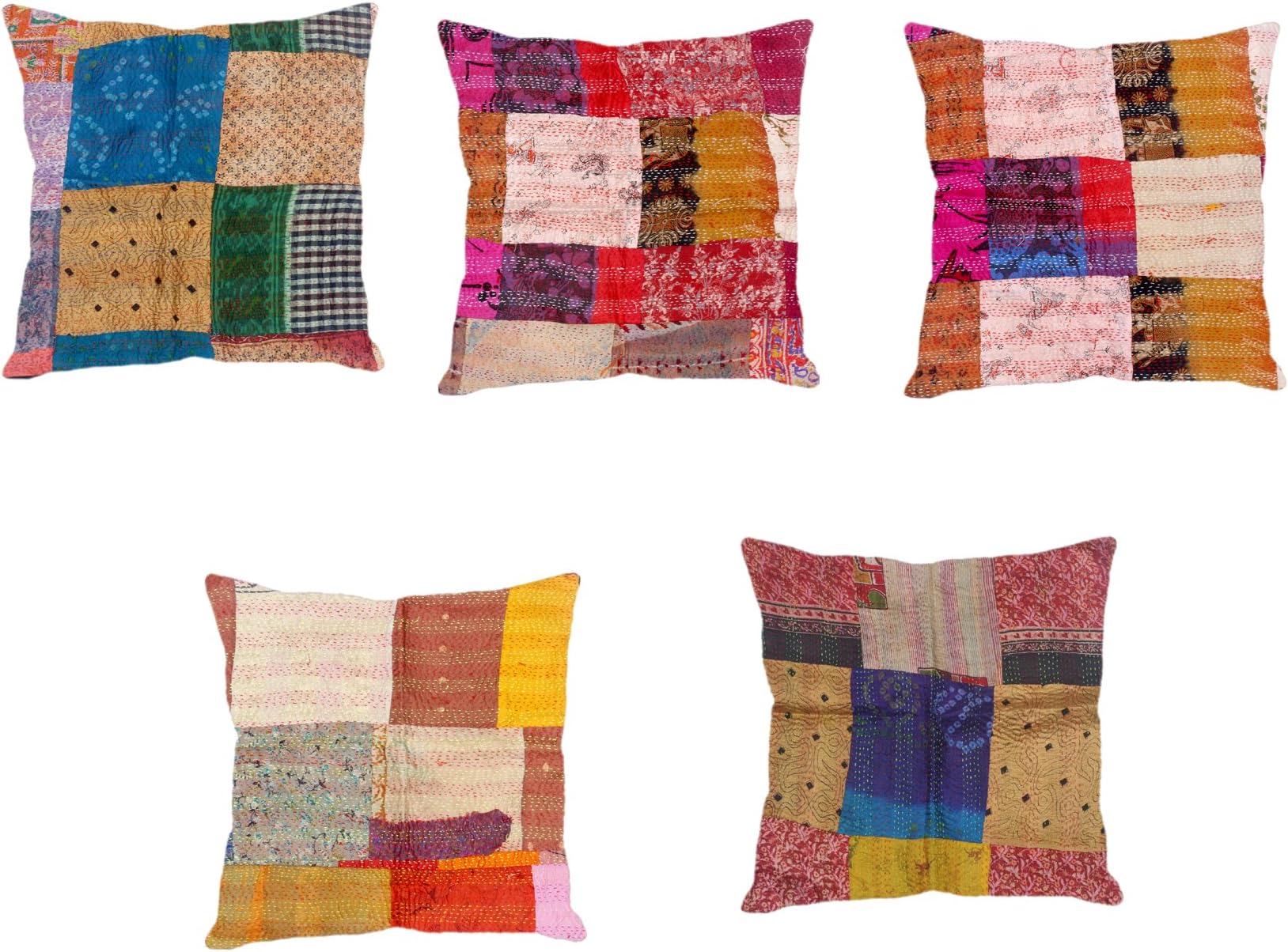 Indistar Set of 5 Throw Pillow Cover | Silk Patchwork Cushion Covers with Traditional Indian Kantha Work | Decorative Cushion Covers, 18 x 18 Inch-93100-484-IW-P5