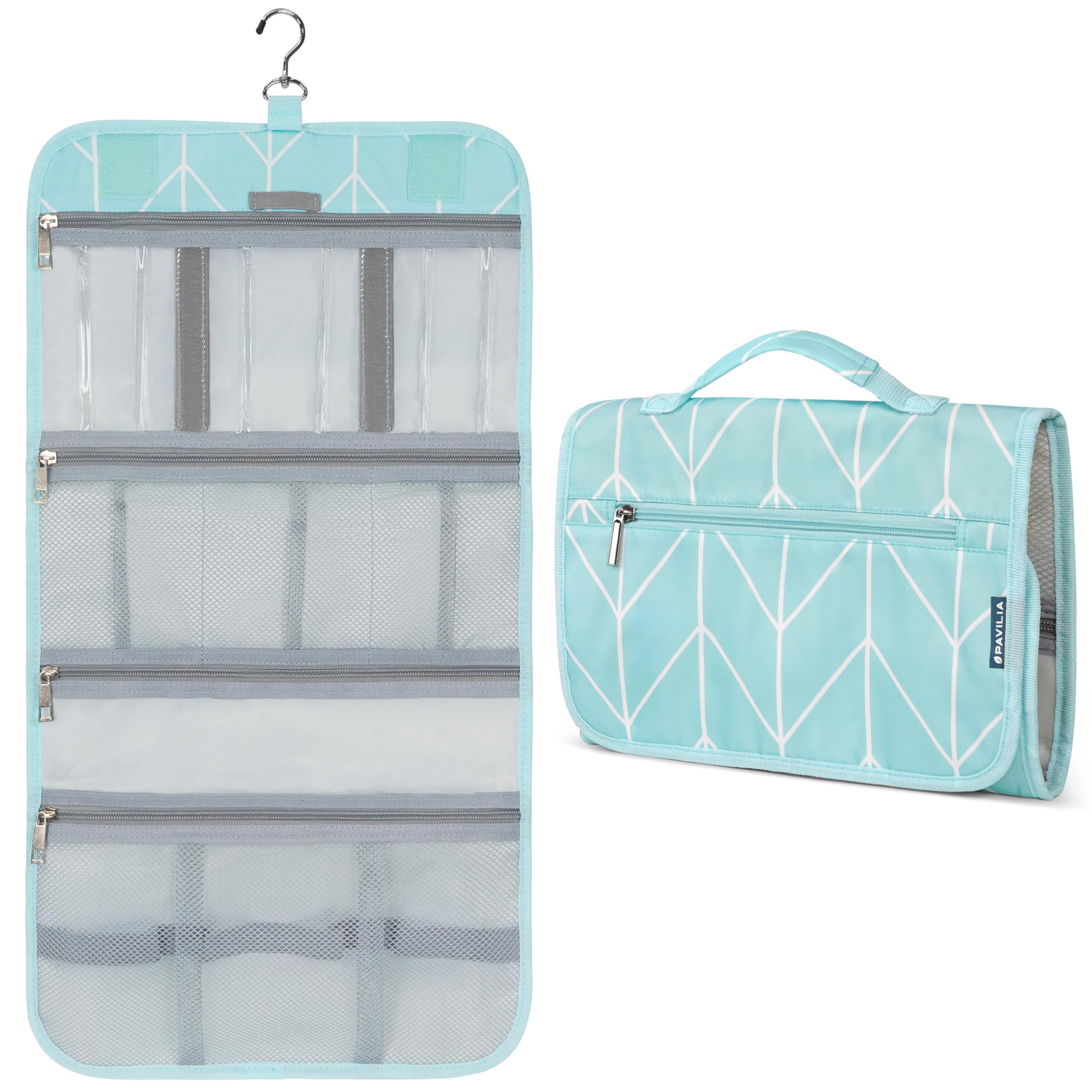 Photo 1 of PAVILIA Hanging Toiletry Bag Women Men, Travel Kit Foldable Large Toiletries Organizer, Roll up Cosmetics Makeup Bag Accessories, Waterproof Essentials Jewelry Case (Teal Chevron)