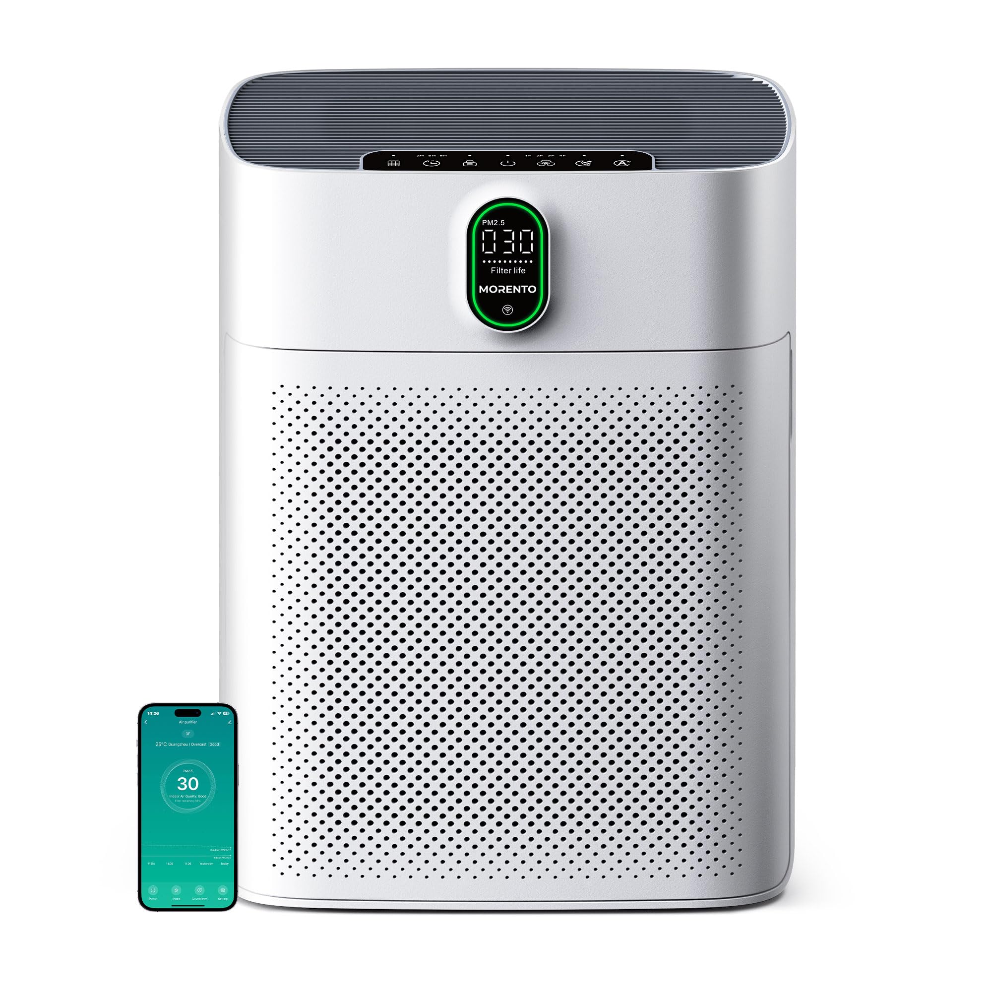 MORENTO Air Purifier for Home Large Room Bedroom Up to 1076 ft², Wi-Fi and Alexa Control, PM2.5 Air Quality Monitor, Auto Mode, HEPA Filter Removes Dust, Pollen, Smoke 1 Pack, White Image