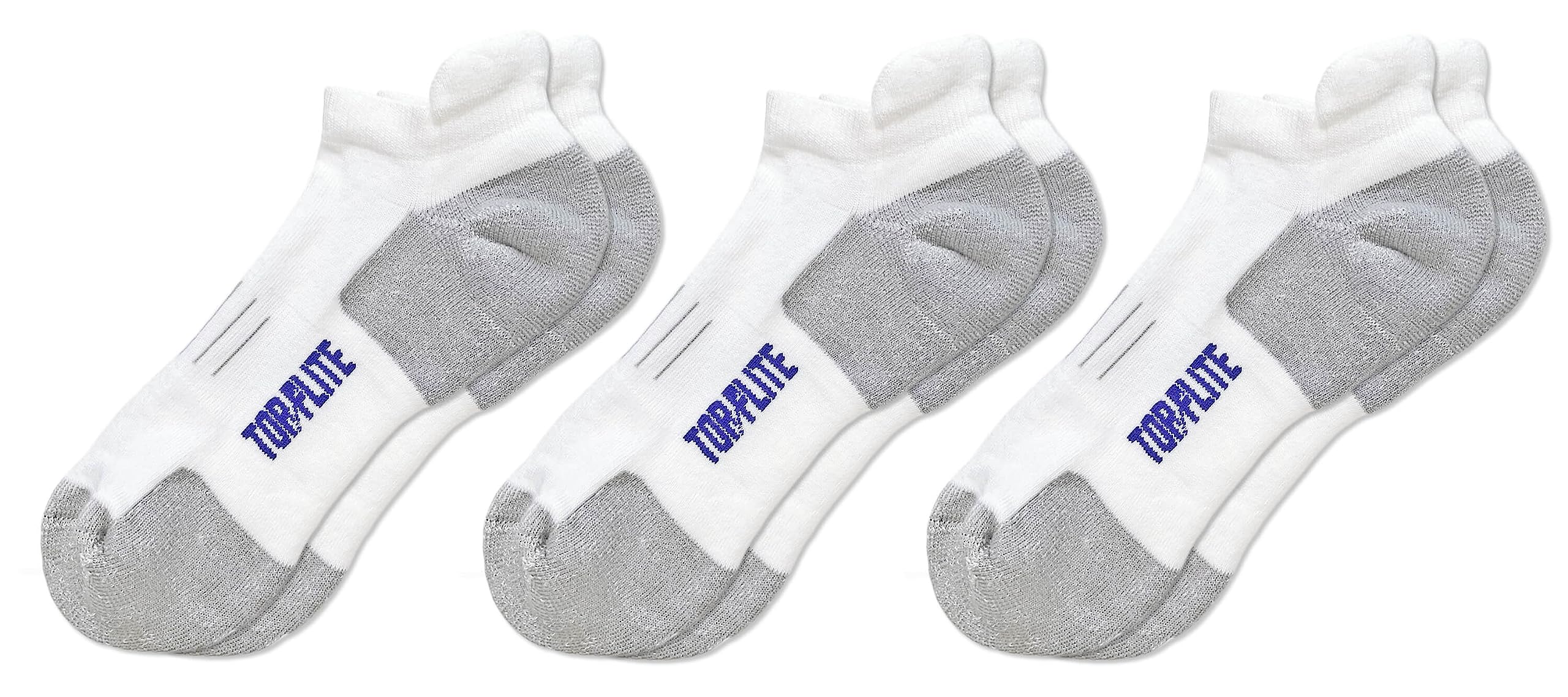 Top Flite Men's Coolmax Seamless Sport Comfort Tab Low Cut Socks 3 Pair Pack, White/Grey, Large