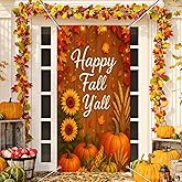 BlissYard Fall Welcome Door Cover Thanksgiving Backdrop Sunflower Pumpkin 71x35 Inch Rustic Happy Fall Y’all Banner for Autumn Party Decorations Sign for Porch Wall Decor Photo Booth Props